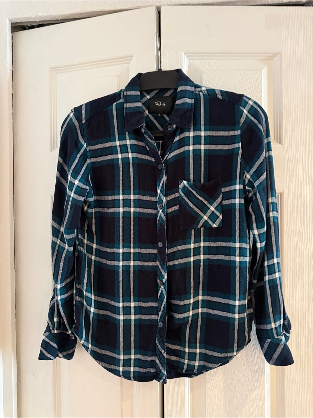 Rails Navy Plaid Button-Down Flannel Shirt with Teal Stripes